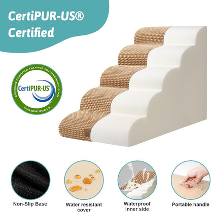 COZY KISS Dog Stairs for Small Dogs 15.7" H, Curved Dog Step for Puppy, Older Cat, Medium Pet Ramp for Sofa, Couch or Chair, Ladder with High Density Foam, 3 Step, 15.7x22.4x15.7 inch, Beige