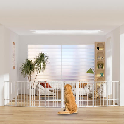 SNUOWU Full Metal Freestanding Dog Gate with Door, 32''Height Foldable Pet Dog Fence for Indoor & Outdoor, 4 Panels Extra Wide Free Standing TallDog Gates for Doorways,House,Stairs,Porch,Deck,Yard
