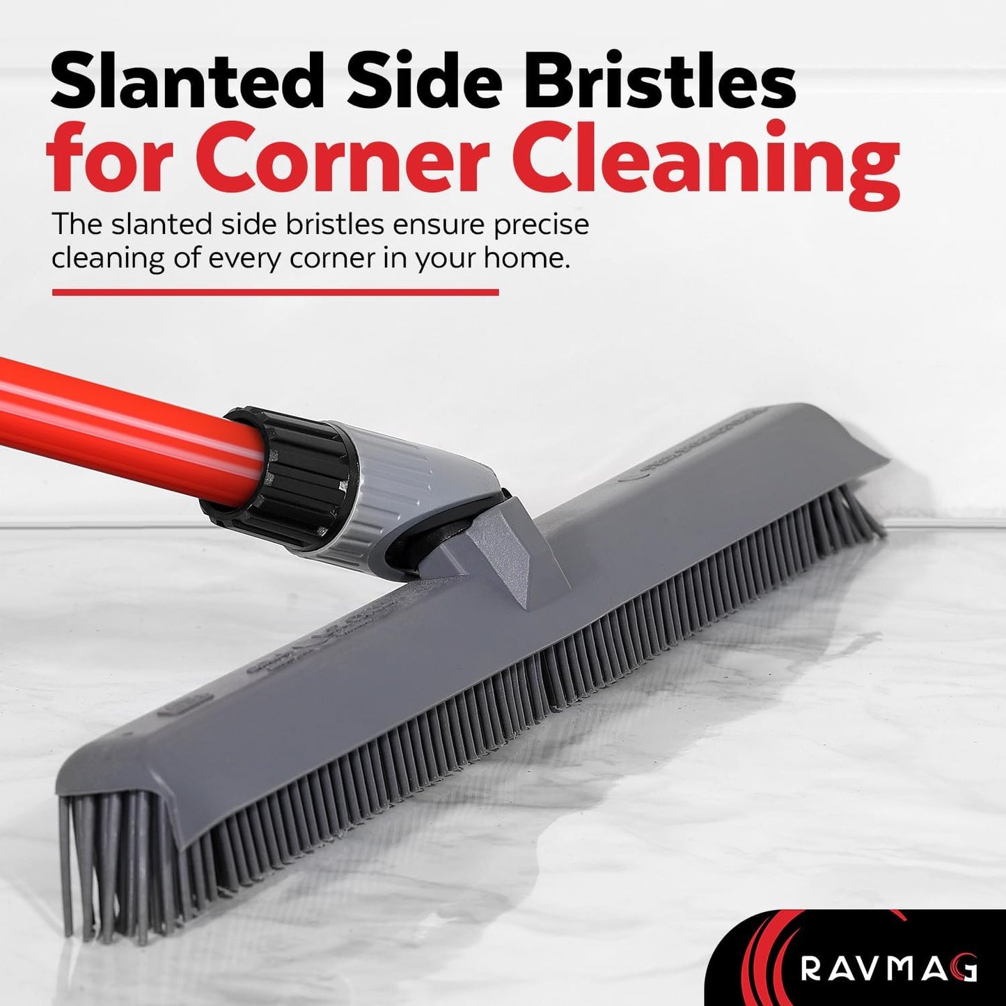 2-in-1 Silicone Rubber Broom Carpet Rake and Squeegee - Swivel Pet Hair Removal Broom - 4 Piece Handle - Slanted Side Bristles for Corners - Multipurpose Rubber Broom for Carpet, Hardwood Floor, Tile
