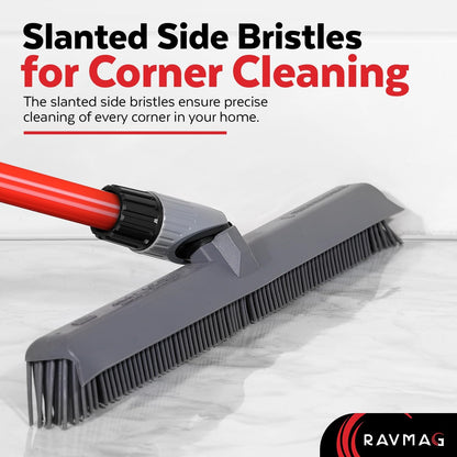 2-in-1 Silicone Rubber Broom Carpet Rake and Squeegee - Swivel Pet Hair Removal Broom - 4 Piece Handle - Slanted Side Bristles for Corners - Multipurpose Rubber Broom for Carpet, Hardwood Floor, Tile