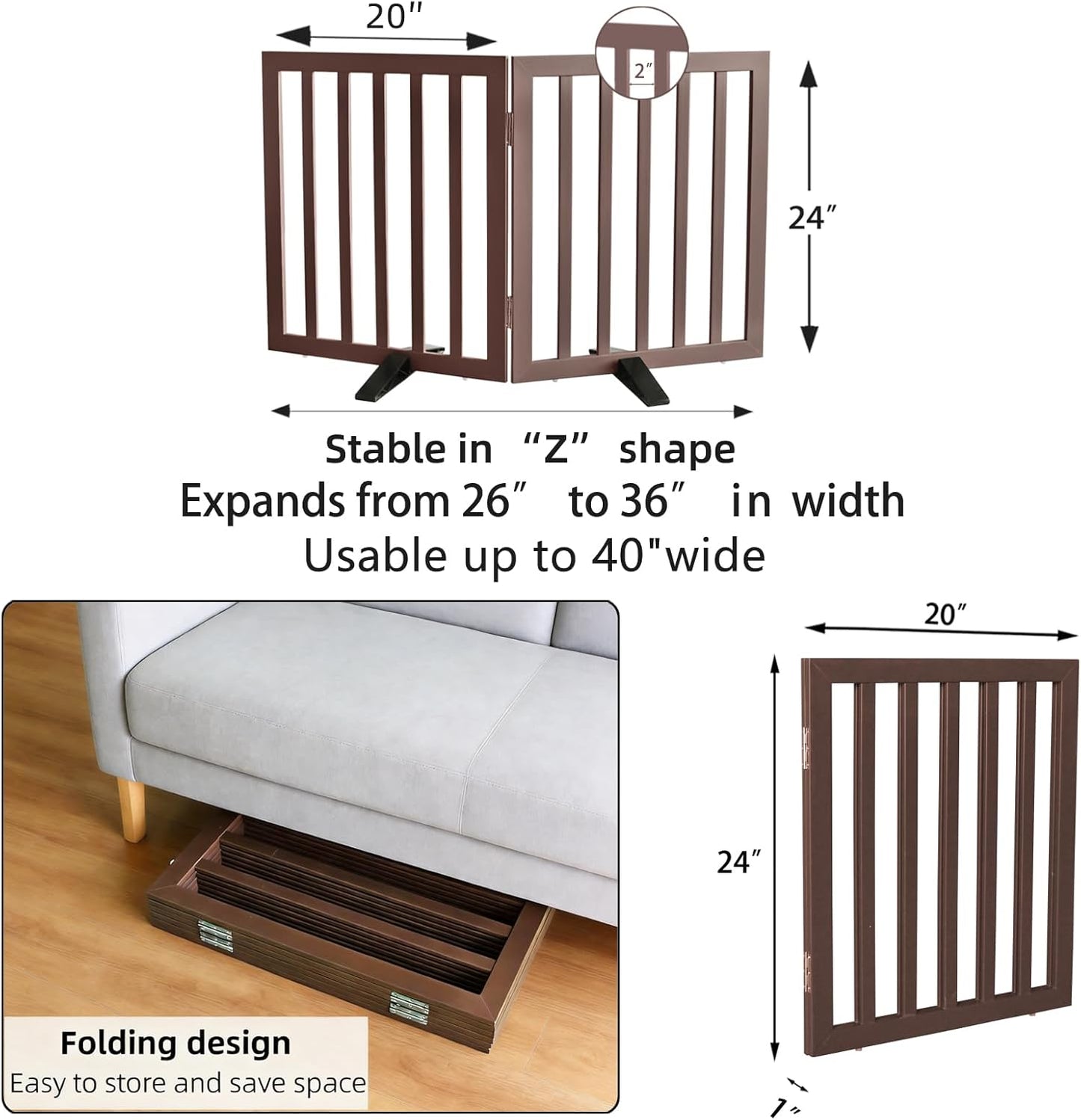 ZJSF Freestanding Indoor Dog Gate for House Foldable Wood Puppy Gate for Doorways Pet Gate for Stairs Extra Wide Pet Fence, Brown, 24" Height 3 Panels
