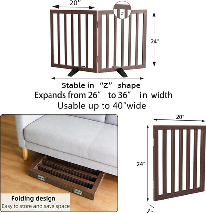 ZJSF Freestanding Indoor Dog Gate for House Foldable Wood Puppy Gate for Doorways Pet Gate for Stairs Extra Wide Pet Fence, Brown, 24" Height 3 Panels