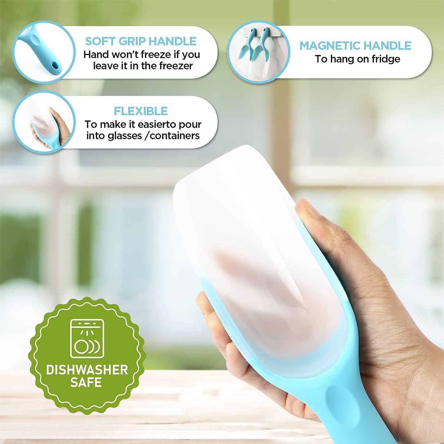 Spring Chef Dog Food Scoop, Contoured Translucent Flexi-Plastic Pet Food Scooper with Soft Grip Handle, Kitchen Magnetic Ice Scoop for Freezer, Ice Machine, Popcorn, Flour, Coffee Bean - Mint