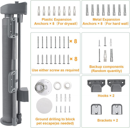 Short Dog Gate, 14" H Retractable Dog Gates, Mesh Retractable Step Over Pet Gates Puppy Gate, Extended up to 55" Wide for Stairs & Doorways Hallways - Drilling Required (Grey)