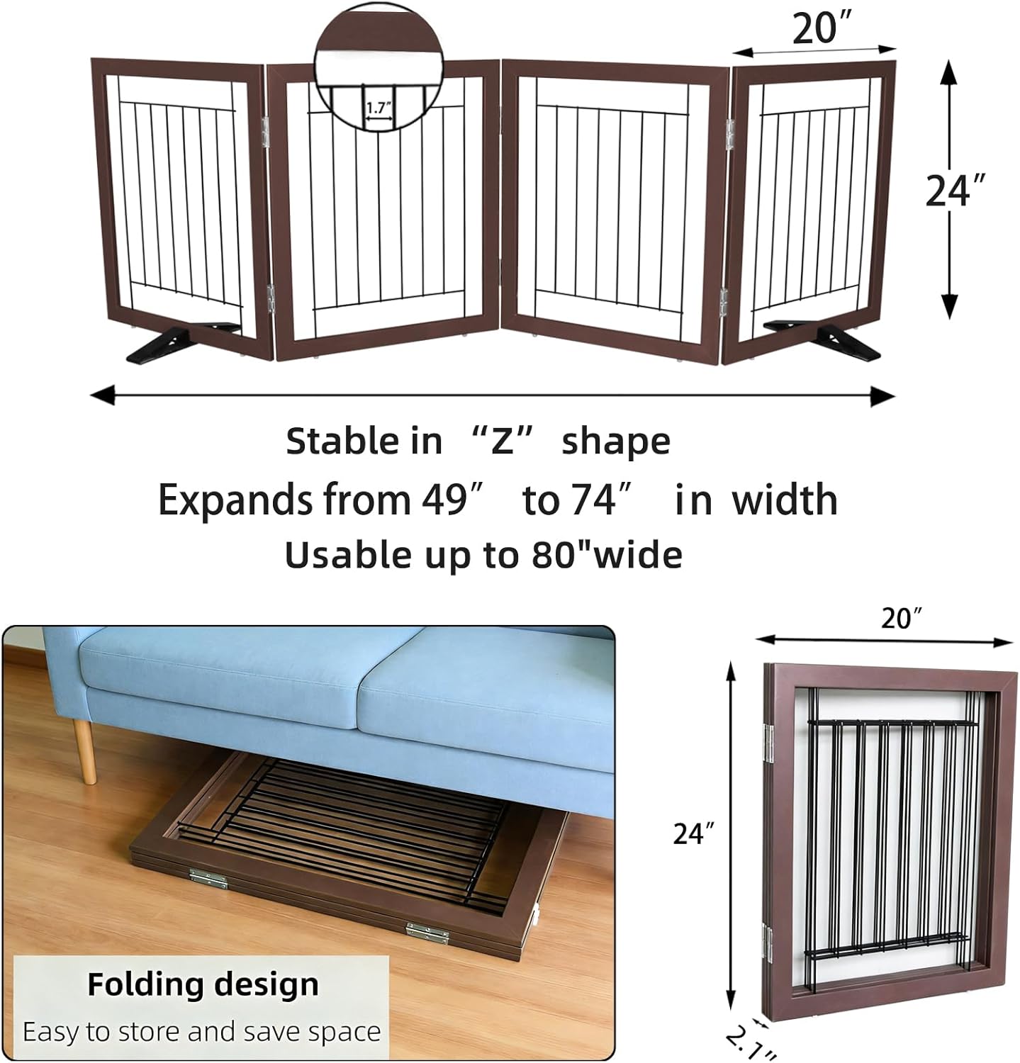 ZJSF Freestanding Dog Gate Indoor, Foldable Dog Fence for Doorways,Hallways or Stairs, Sturdy Wood Extra Wide Pet Gate with Support Feet,Black,24 "Height-3 Panels