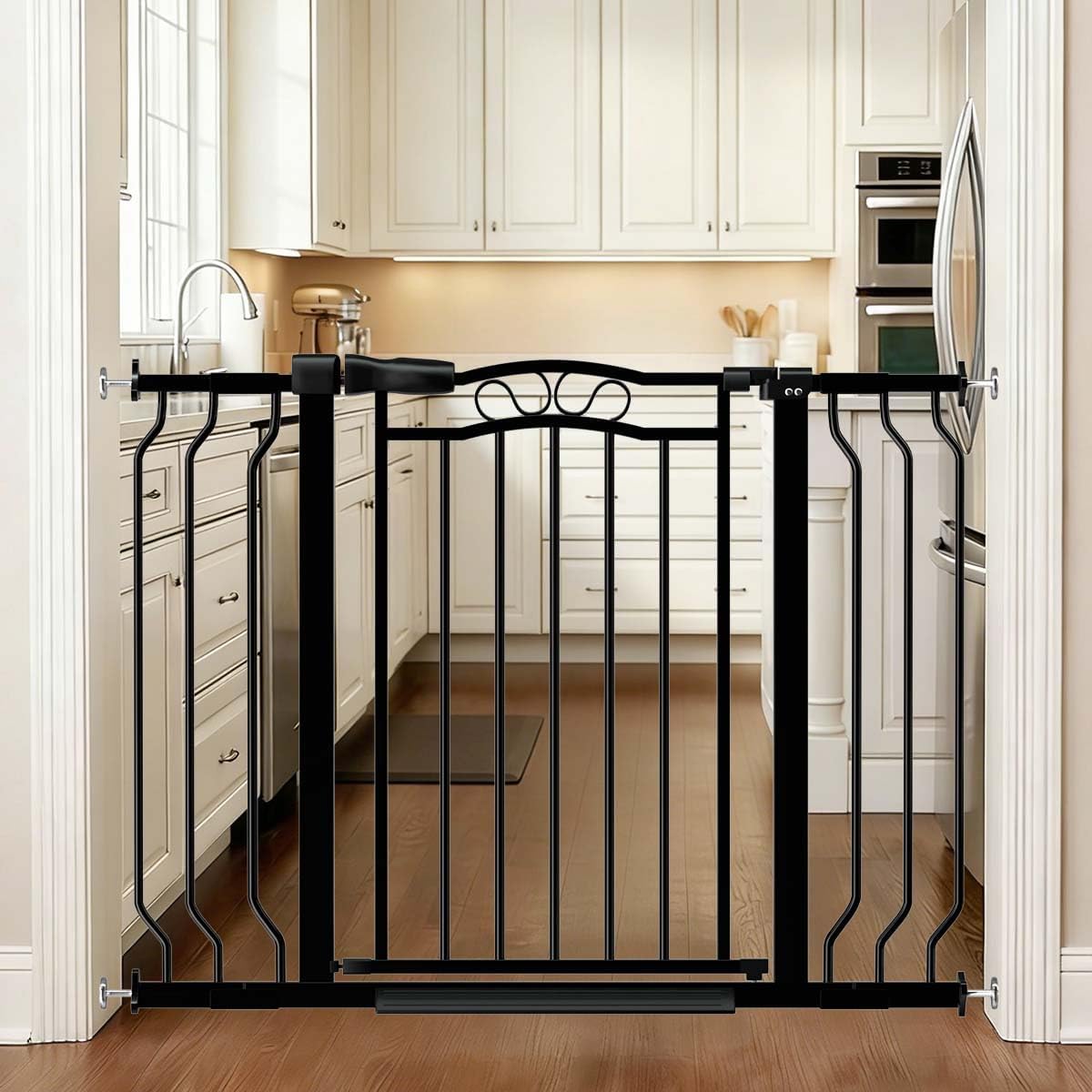 Fairy Baby 62.5"-71.6" Extra Wide Baby Gate Pressure Mount, Long Large Dog Gate Indoor Doorways Stairs, No Drill Safety Child Gate for Kids with Double Lock, Walk Thru Pet Gate for Puppy Doggy, Black