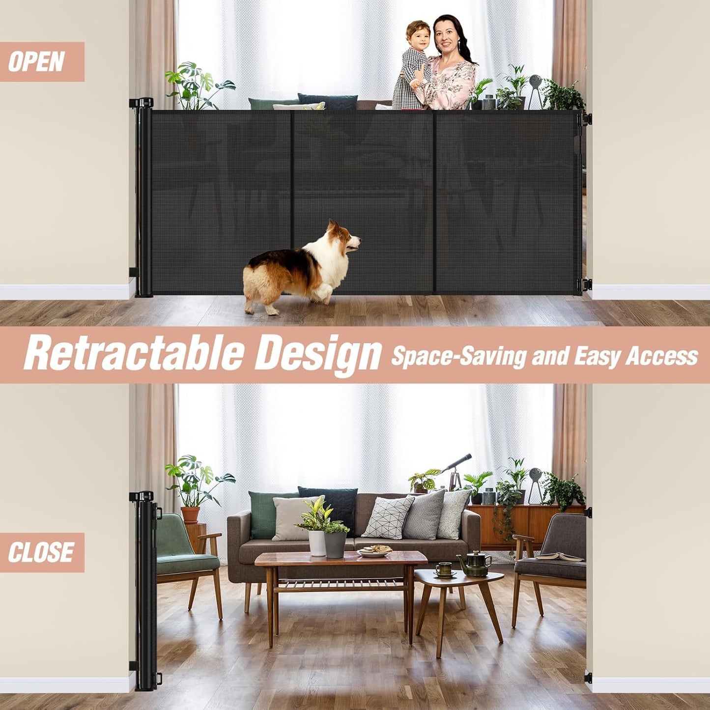 Reinforced 42" Tall Retractable Dog Gate, 155" Extra Long Retractable Baby Gate with Support Rods - Prevent Crawling Under, Indoor/Outdoor Retractable Gate Extra Tall Baby Gate Retractable Fence/Black