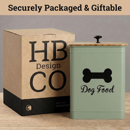 Dog Food Container Airtight 5-7 lb (25 Cup) Capacity - Cute Airtight Dog Food Storage Container with Bamboo Lid & Sturdy Metal Handle - White Metal Kibble Storage Bin for Dogs up to 50 lbs - Pet Jar