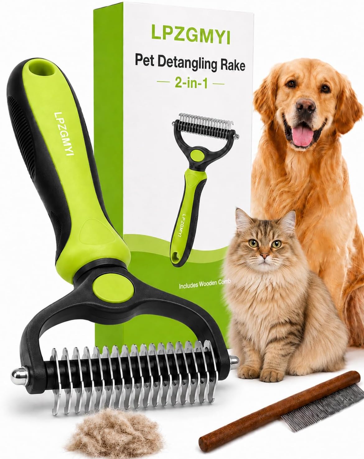 Undercoat Rake for Dogs, Pet Grooming Tool Pro Deshedding Brush Double Sided Cat Brushes Long Hair Dematting Comb Professional Extra-Wide Stainless Steel Teeth Supplies for Matted Fur on Cats (Green)