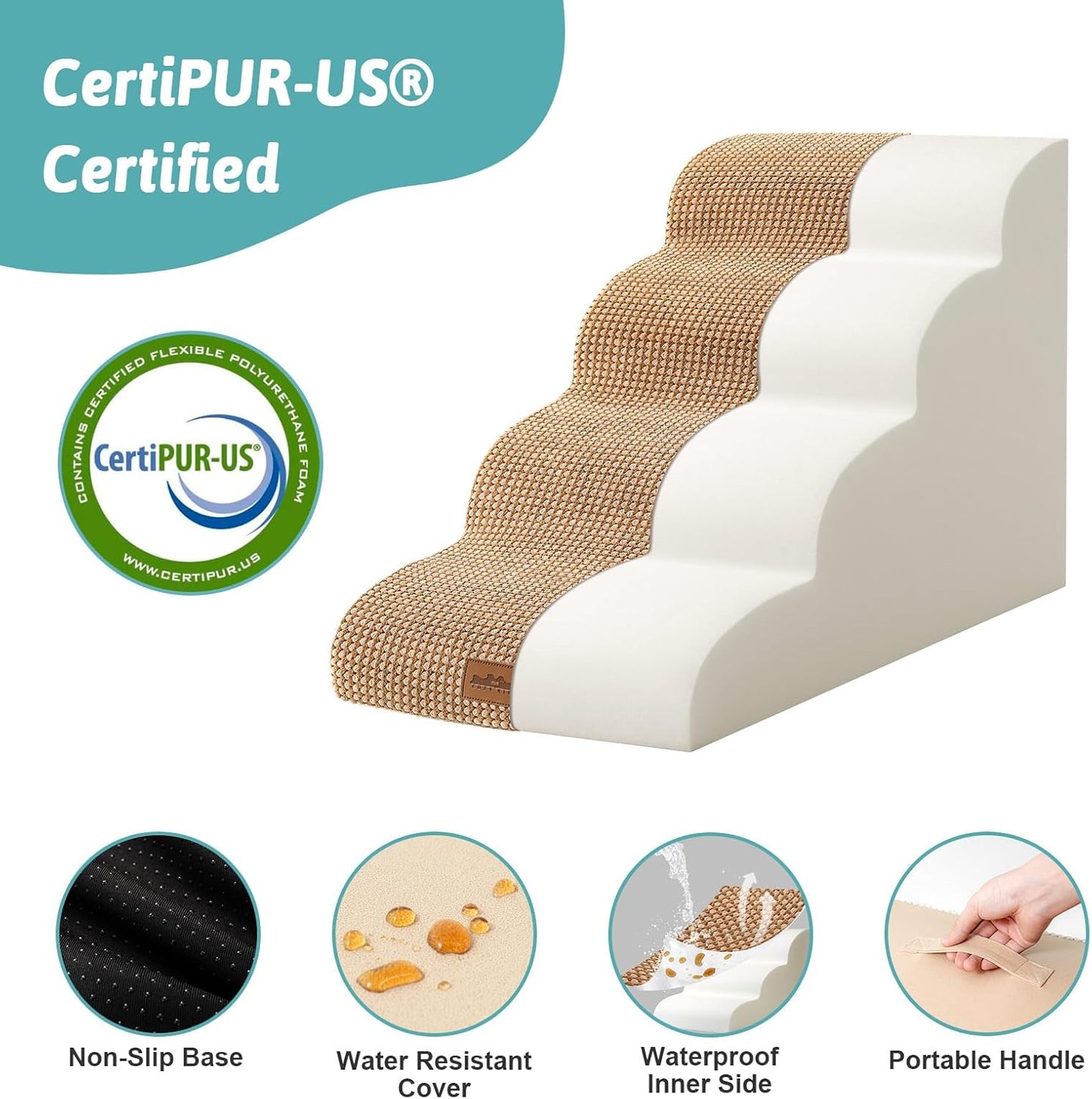 COZY KISS Dog Stairs for Small Dogs 15.7" H, Curved Dog Step for Puppy, Older Cat, Medium Pet Ramp for Sofa, Couch or Chair, Ladder with High Density Foam, 3 Step, 15.7x22.4x15.7 inch, Beige
