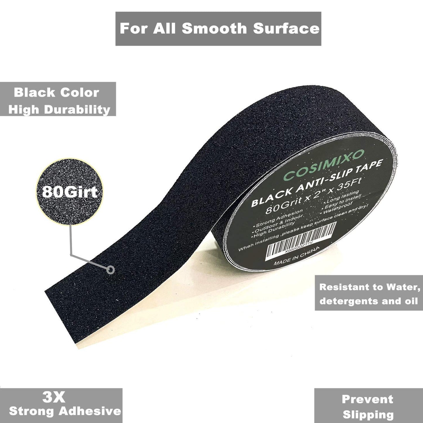 COSIMIXO 8" x 35Ft Heavy Duty Anti Slip Tape,Best 80grit Friction,Grip,Abrasive for Stairs Outdoor/Indoor,Skateboard Grip Tape Safety Non Skid Tread Staircases Anti-Slip Traction Tape Black