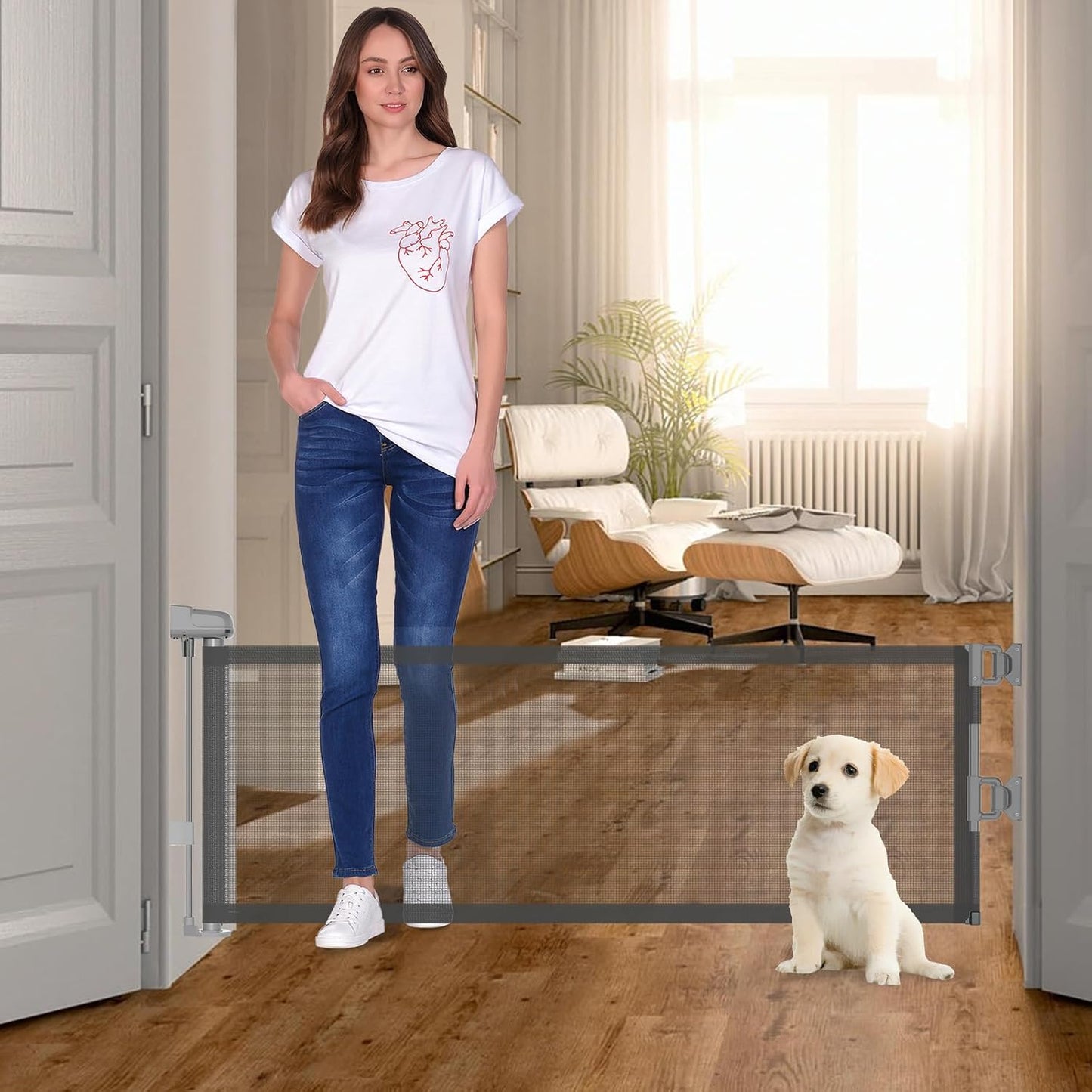 2 Pack Short Dog Gate Pet Gates Puppy Gate 14" H 59" Wide Step Over Pet Fence, Mesh Retractable Indoor Outdoor Expands Up to 59 Inches Small Dog Gates for Doorways Stairs