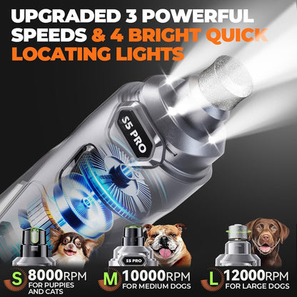 Whisper Quiet Dog Nail Grinder with 4 LED Lights, Safe & Stress-Free for Sensitive Dogs Cats of All Breeds & Sizes, 3 Grinding Bits, 3-Speed, Pet Nail Trimmers, Rechargeable Painless Grooming Kit