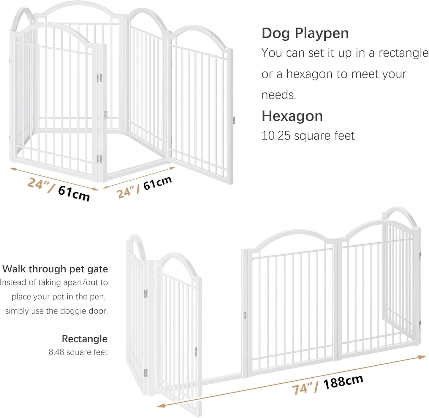BHG Metal No-Assembly Freestanding Dog Gate with Door Walk Through, Extra Wide 144", Extra Tall 32" Pet Gate, Accordion Puppy Folding Playpen Dog Fence, with 2PCS Support (Black, 6 panesl)