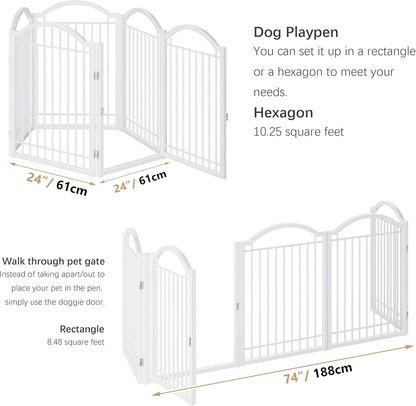 BHG Metal No-Assembly Freestanding Dog Gate with Door Walk Through, Extra Wide 144", Extra Tall 32" Pet Gate, Accordion Puppy Folding Playpen Dog Fence, with 2PCS Support (Black, 6 panesl)