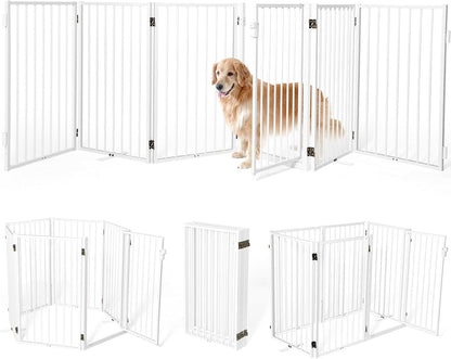 Metal Freestanding Dog Gates with Door for Outdoor Indoor,80'' Extra Wide 32'' Tall Free Standing Dog Gate for Doorways,Large Openings,Deck,Yard,Foldable Safety Pet Fence(Black,4 Panels)