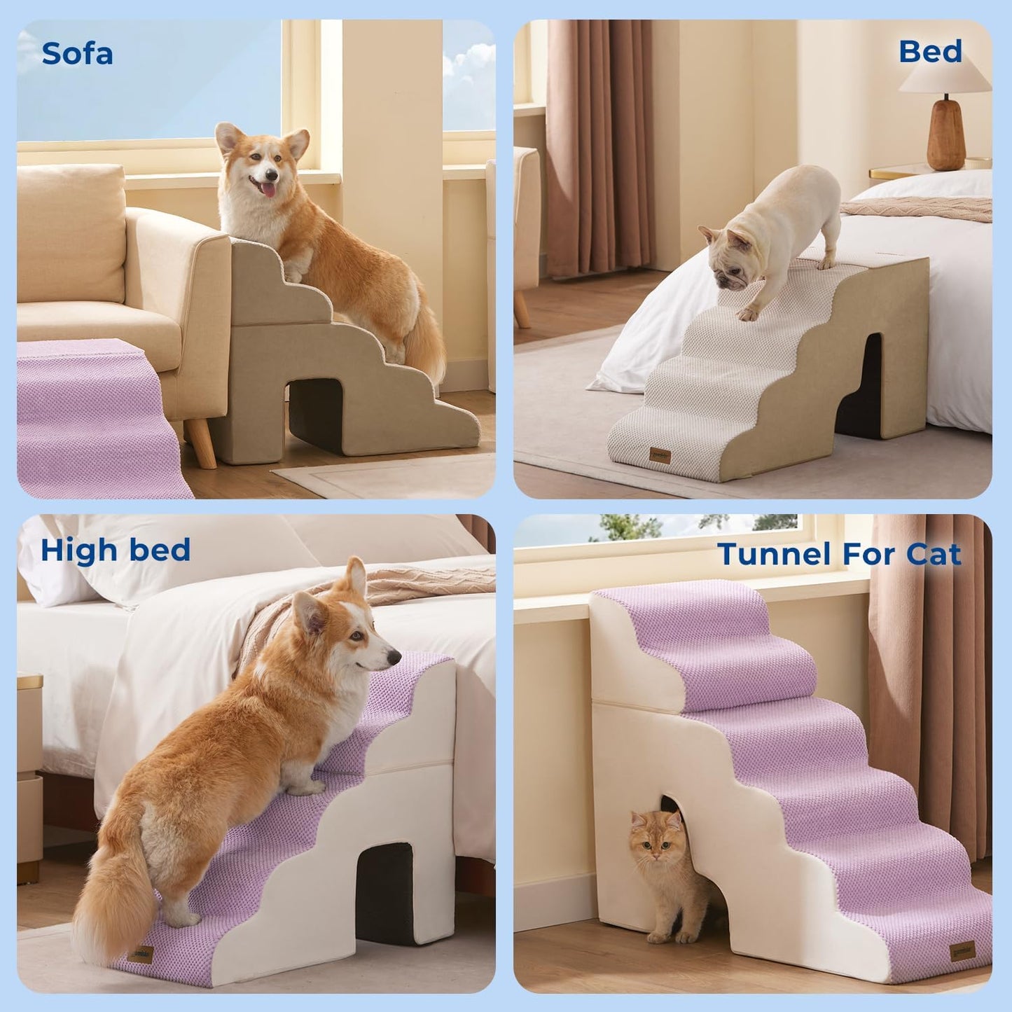 ZOMISIA Dog Ramp for Large Dogs - 24"H 5-Step Pet Stairs for High Beds with Tunnel, 2-in-1 Design with Zippers, Suitable for Indoor Cat Ladders with Non-Slip Bottom, Beige