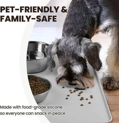 VIVAGLORY Dog Food Mat Flexmat Dog Bowl Mat, Placemat Food Tray with Raised Edges & Lip for Indoor Floor, Non Slip Waterproof Silicone Dish Placemat for Cat & Pet, S, Grey