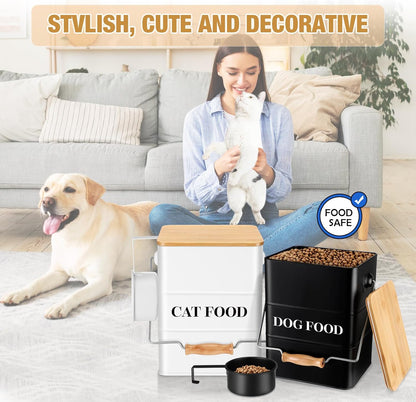 Tioncy 2 Pcs Metal Dog and Cat Food Storage Containers Big Pet Food Containers with Bamboo Lids and Spoon Airtight 5-7 Lbs Dog Cat Treat Snack Jars with DIY Labels for Kitchen Counter(White)