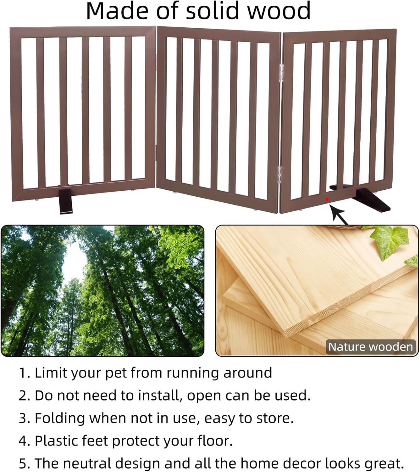 ZJSF Freestanding Indoor Dog Gate for House Foldable Wood Puppy Gate for Doorways Pet Gate for Stairs Extra Wide Pet Fence, Brown, 24" Height 3 Panels