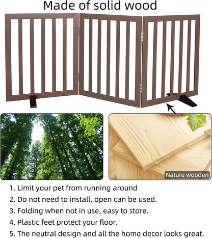 ZJSF Freestanding Indoor Dog Gate for House Foldable Wood Puppy Gate for Doorways Pet Gate for Stairs Extra Wide Pet Fence, Brown, 24" Height 3 Panels