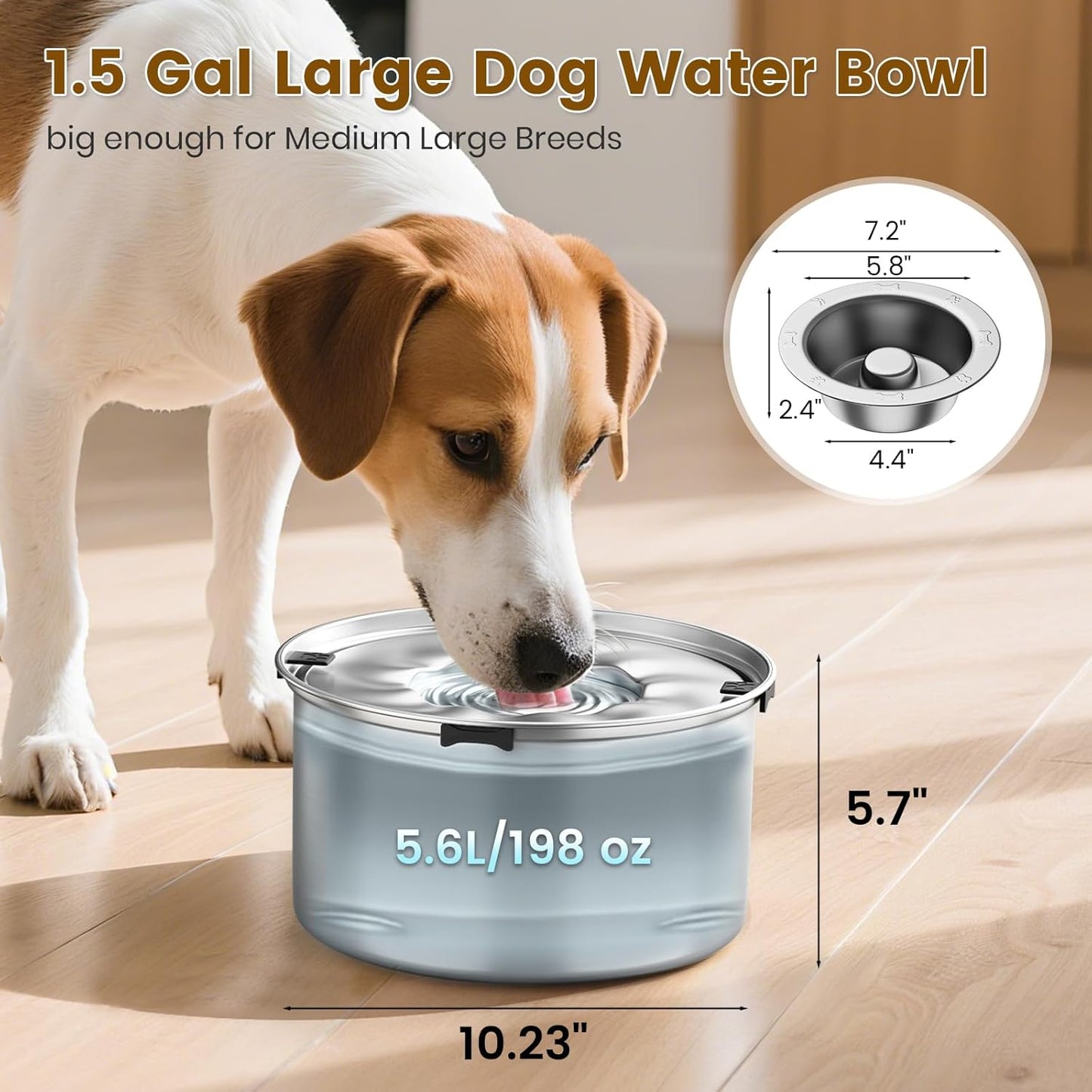 Dog Water Bowl No Spill,3L/101oz Stainless Steel Water Bowl for Dogs, Spill Proof Slow Drinking Dog Water Feeder with Anti-Slip for Medium to Large Messy Drinkers