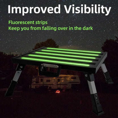 Aluminum RV Steps, 4-Level Adjustable Folding Step Stool with Non-Slip Rubber Feet, Non-Slip Fluorescent Strip Platform Rv Accessories, Supports Up to 1000 lbs - Black