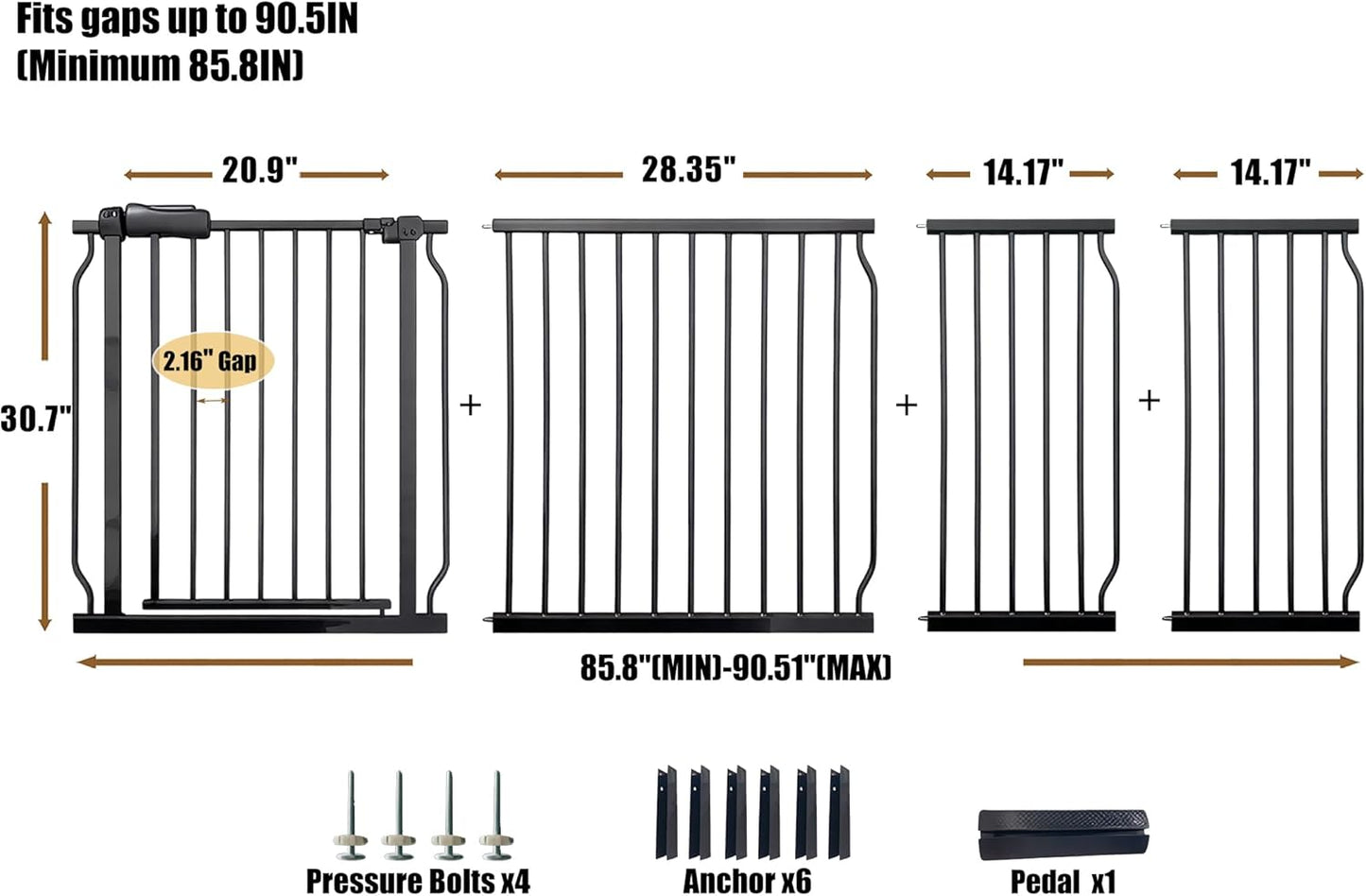 Extra Wide 76.4-81 Inch Large Baby Gates for Stairs, Doorways - No Drilling, Pressure Mounted Pet Gates for Kids & Dogs