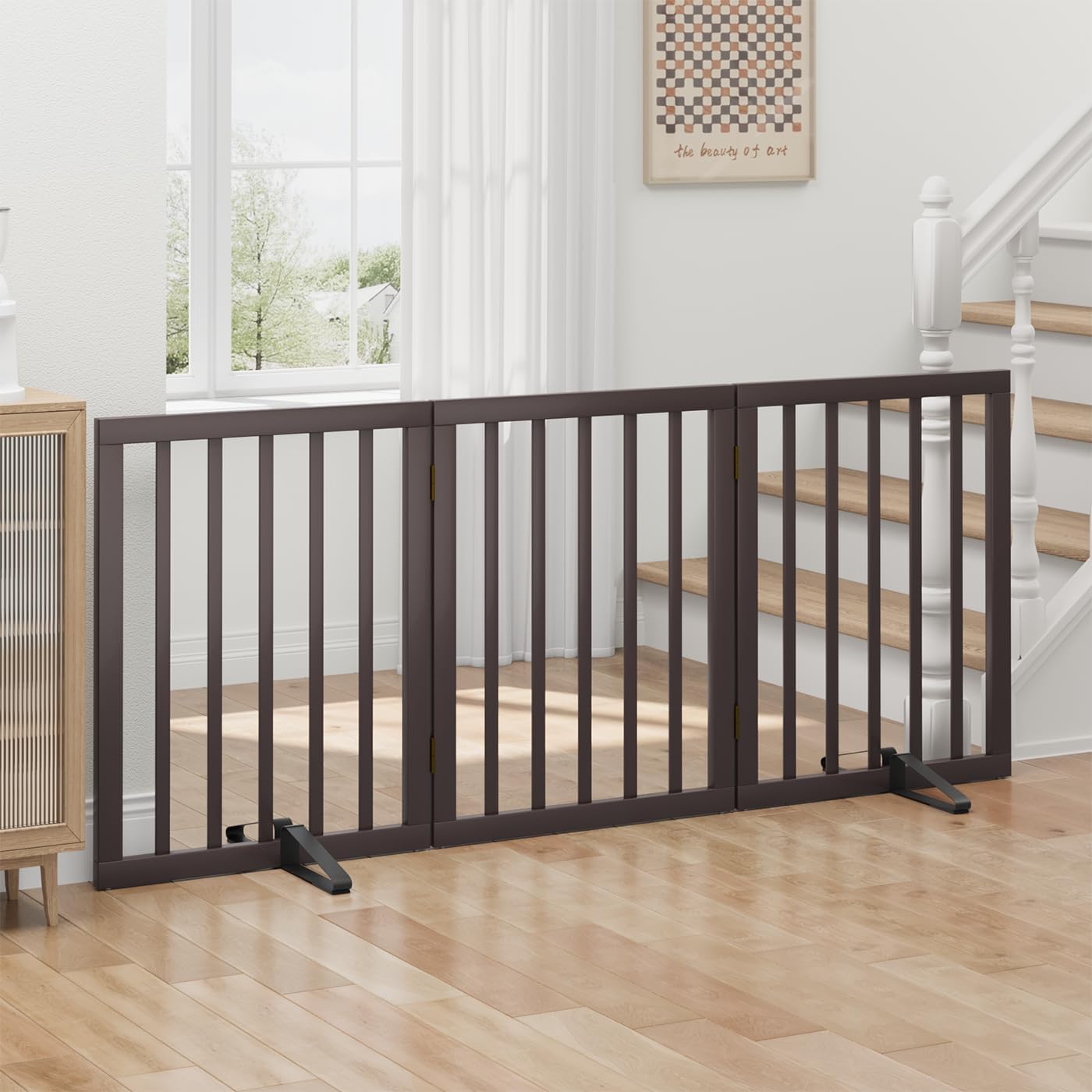 Freestanding Foldable Dog Gate - 4 Panel Room Divider with Metal Support Feet (Black)