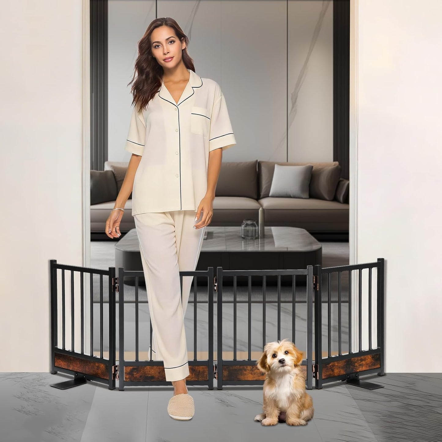 Freestanding Short Dog Gate, 16" Tall Pet Gate Indoor with Support Feet Easily Step Over, 4 Panel Metal Wood Foldable Pet Dog Gate, Up to 48" Wide Puppy Fence, Puppy Gate for for Doorway&Hallway Black