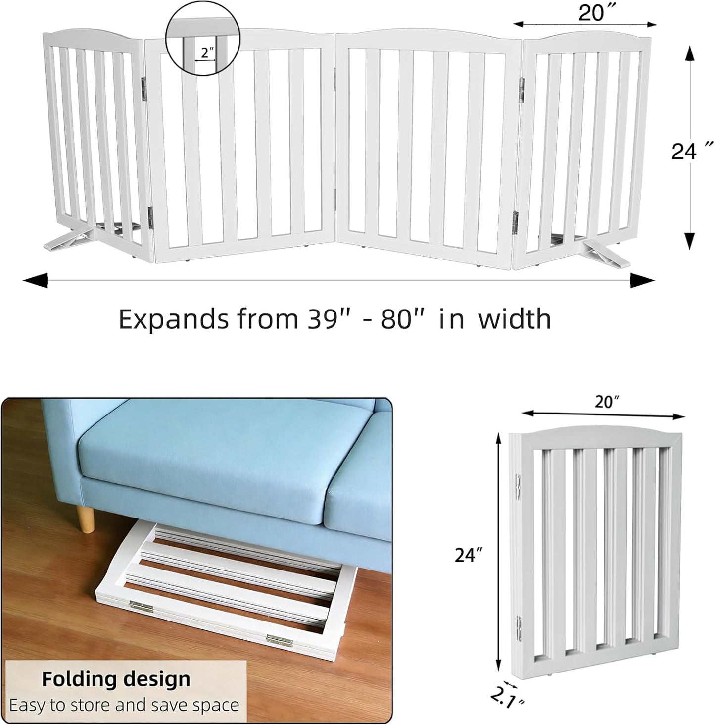 Freestanding Dog Gate Indoor,Doggie Gate Foldable Dog Gates for Doorways,Stairs or Hallways, Wooden White Pet Gate for the House, Pet Fence with Support Feet Included,24 "Height-4 Panels