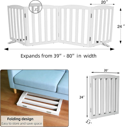 Freestanding Dog Gate Indoor,Doggie Gate Foldable Dog Gates for Doorways,Stairs or Hallways, Wooden White Pet Gate for the House, Pet Fence with Support Feet Included,24 "Height-4 Panels