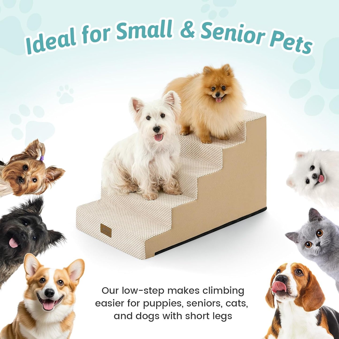 COZY KISS Dog Stairs for Small Dogs, 4 Tier Wider Pet Stairs for Couch and Beds, 17.7" H Non-Slip Dog Steps for Old Cats, Puppy, Small Medium Dogs, 17.7x23.6x17.7 inch, Beige