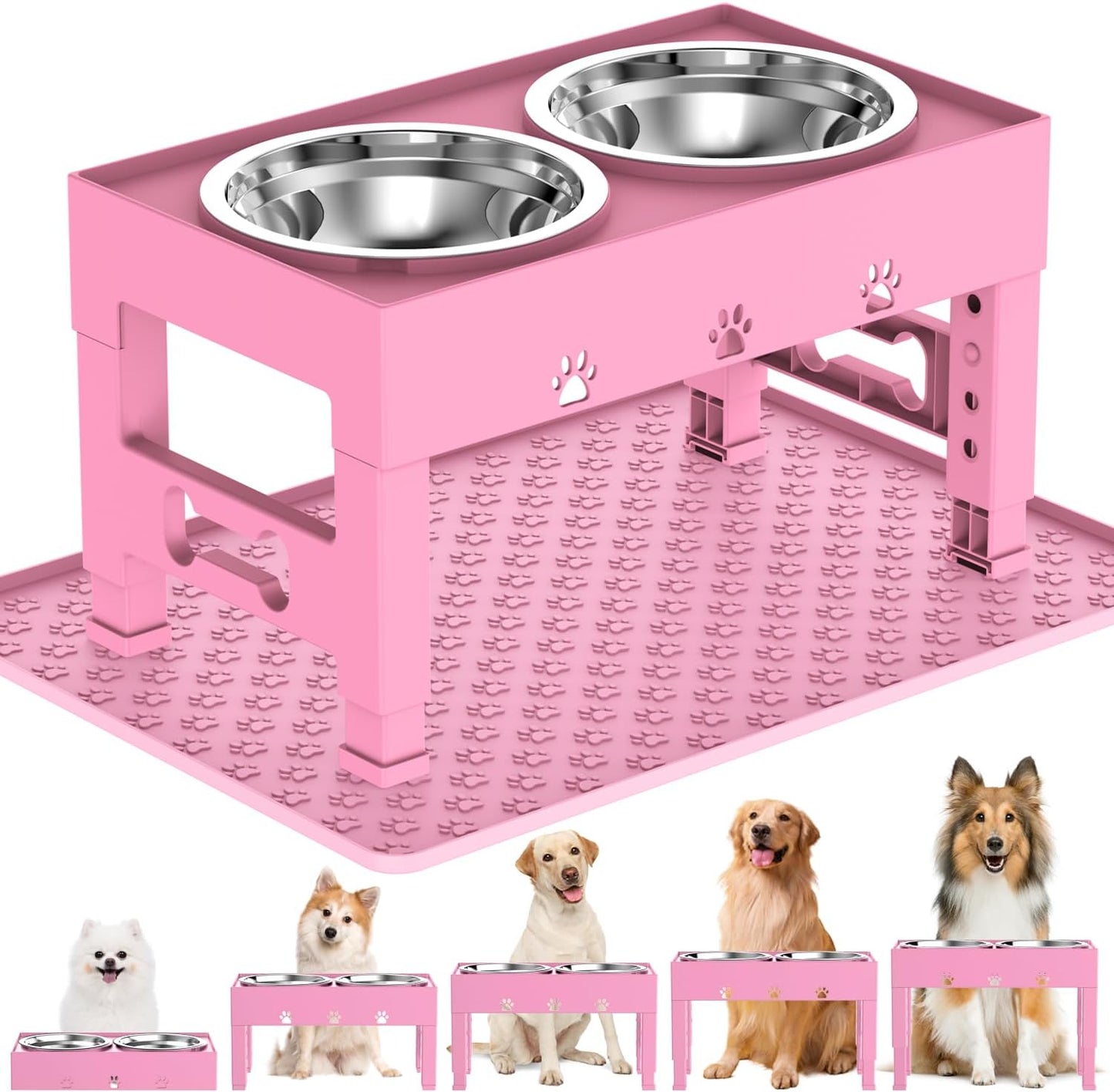 Elevated Dog Bowls with 2 Stainless Steel Bowls, 5-Height Adjustable Stand (3.1", 9" to 12"), for Improved Digestion & Neck Support, Easy Clean, Non-Slip Base Raised Feeder for Medium Large Dogs