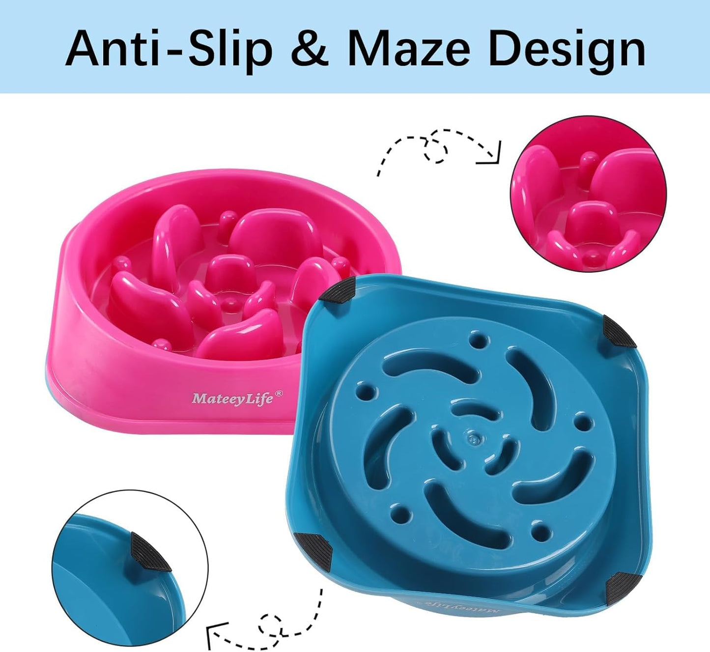 MateeyLife Slow Feeder Dog Bowls 2PCS, Anti-Choking Puzzle Dog Food Bowls, Anti-Slip Interactive Feeding Slow Down Eating, Bloat Stop Maze Dishes for Medium Breeds Pink&Purple
