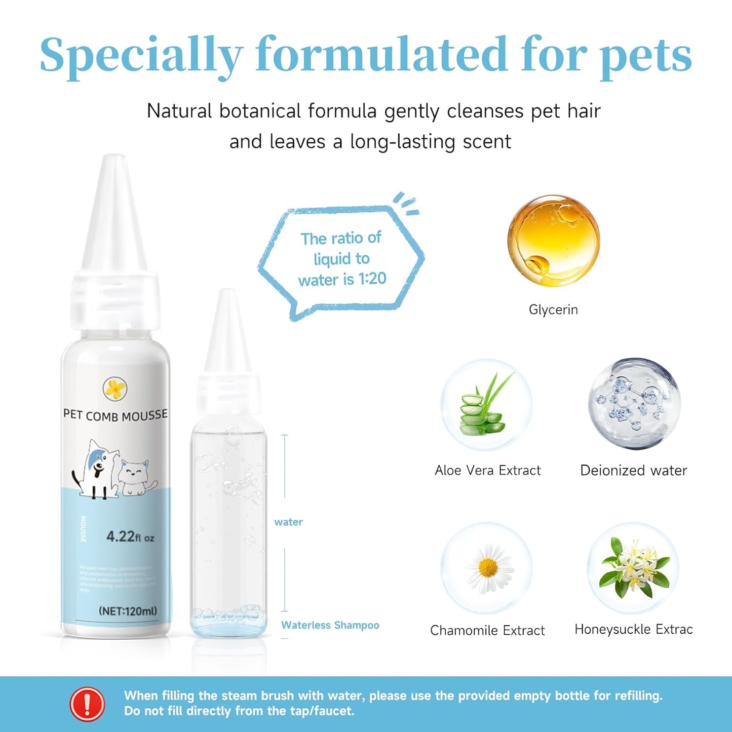 Pet Steam Brush for Dog & Cat – 3-in-1 Spray Hair Removal Comb for Shedding & Grooming, Softens Fur & Reduces Static – Water Brush for Long & Short Coats, Bath-Hating Pets, Includes Waterless Shampoo