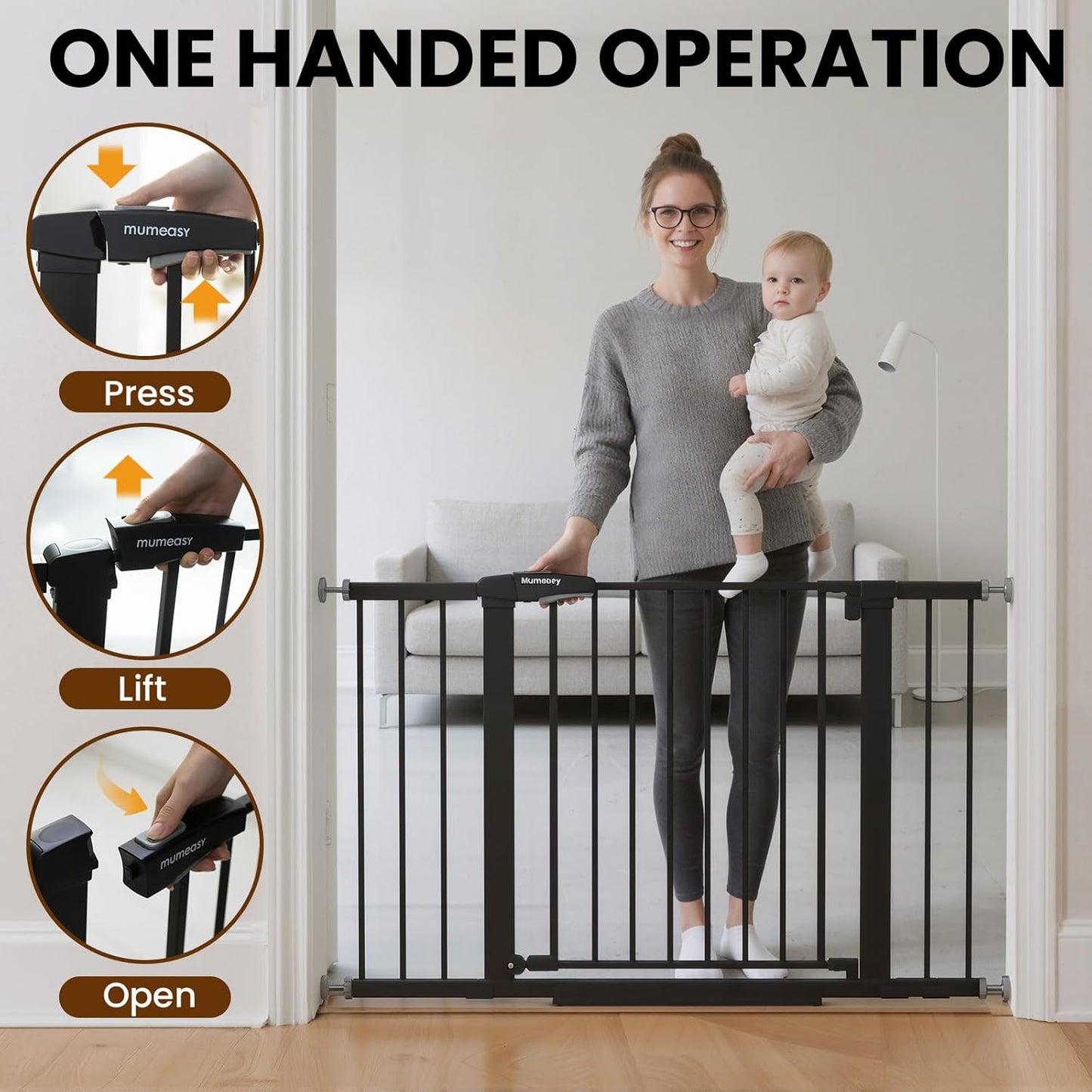 Mumeasy 29.7-46" Baby Gate for Stairs, Pressure Mounted Dog Gate for Doorways, Auto Close Walk Through Pet Gate Indoor, Extra Wide Metal Child Safety Gate, Mom's Choice Awards Winner, Black