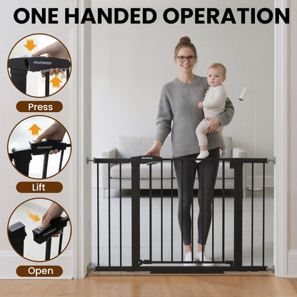Mumeasy 29.7-46" Baby Gate for Stairs, Pressure Mounted Dog Gate for Doorways, Auto Close Walk Through Pet Gate Indoor, Extra Wide Metal Child Safety Gate, Mom's Choice Awards Winner, Black