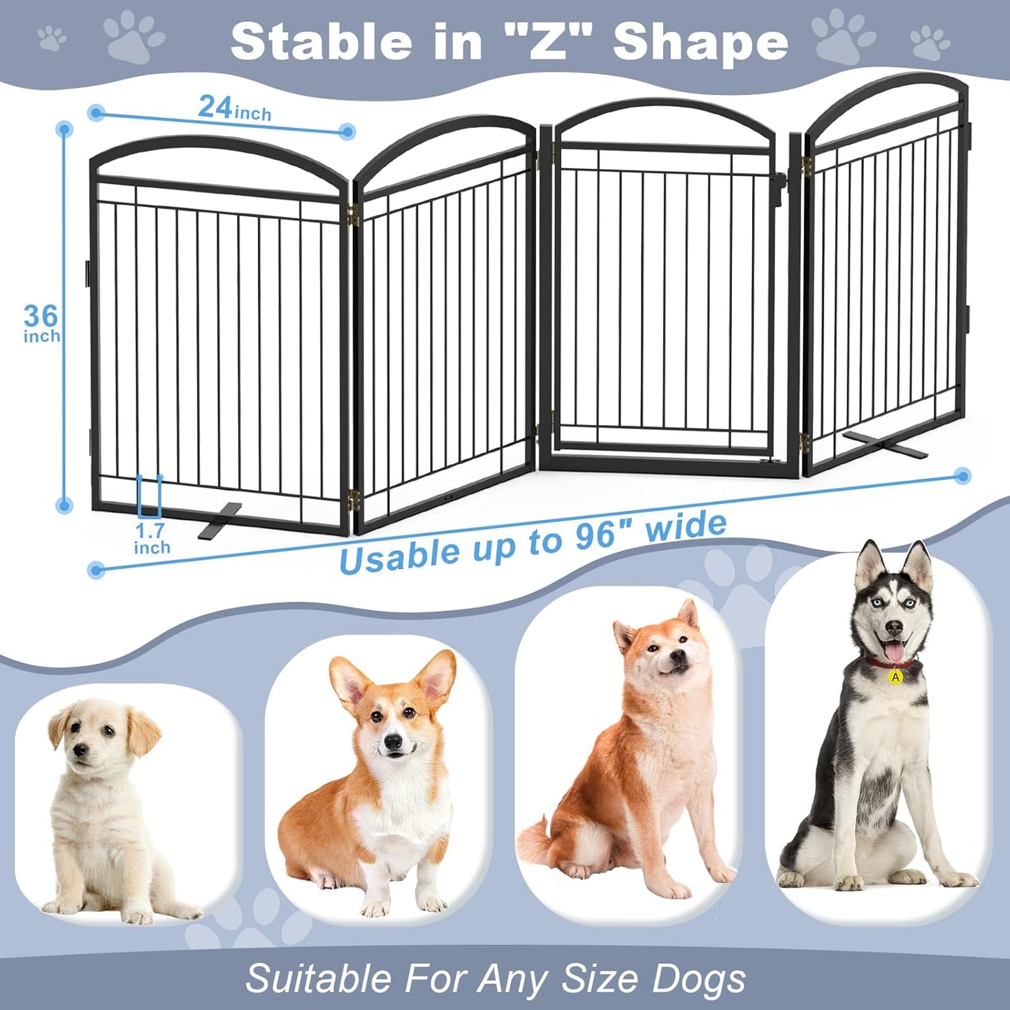 Full Metal Free Standing Dog Gate with Door for Indoor & Outdoor,96'' Extra Wide 32'' Tall Dog Gate for The Doorways,Large Openings,Decks,Porch,Pet Freestanding Safety Fence(4 Panels,Black)