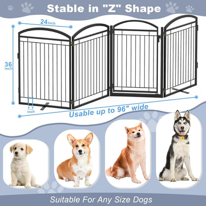 Full Metal Free Standing Dog Gate with Door for Indoor & Outdoor,96'' Extra Wide 32'' Tall Dog Gate for The Doorways,Large Openings,Decks,Porch,Pet Freestanding Safety Fence(4 Panels,Black)