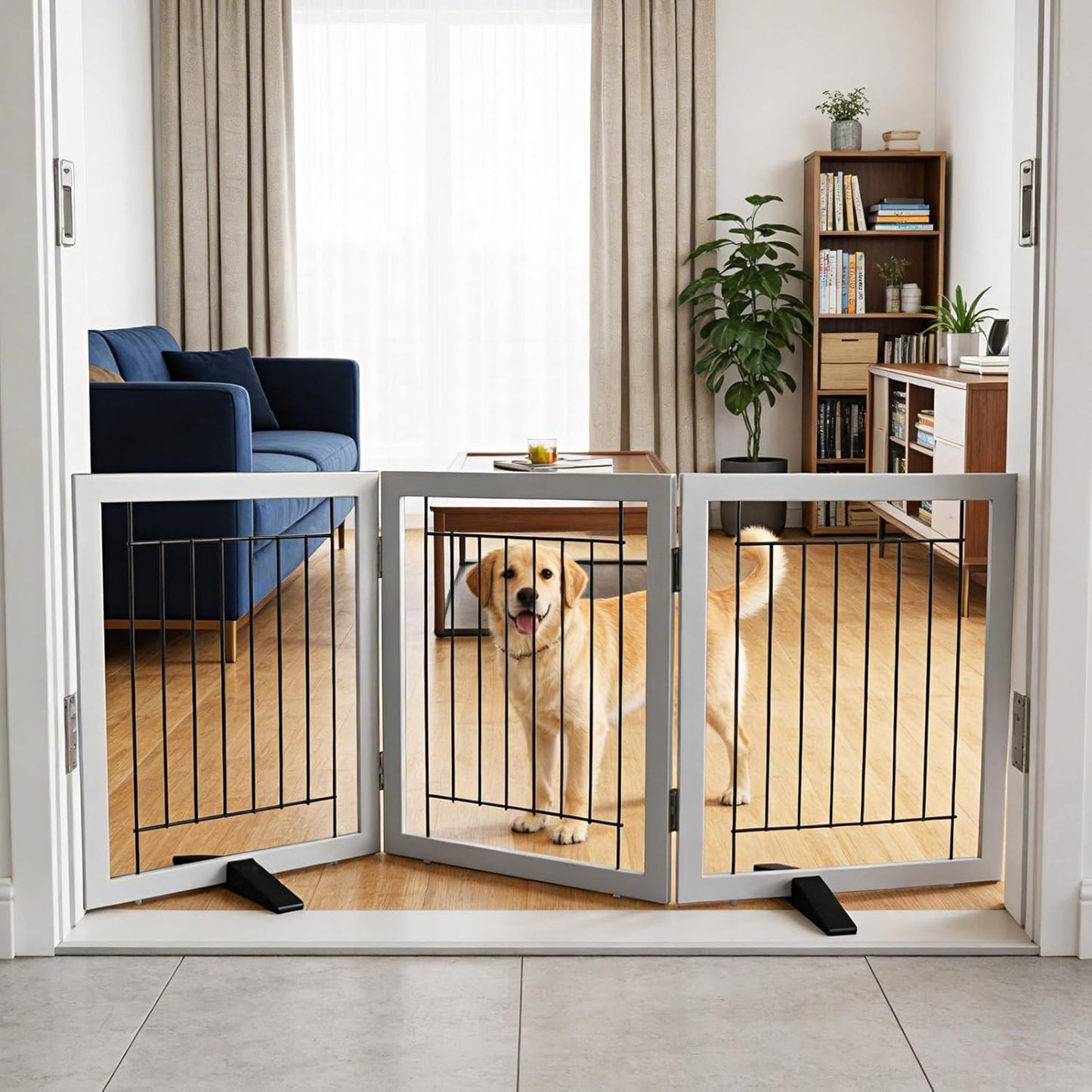 ZJSF Freestanding Dog Gate Indoor, Foldable Dog Fence for Doorways,Hallways or Stairs, Sturdy Wood Extra Wide Pet Gate with Support Feet,Black,24 "Height-3 Panels