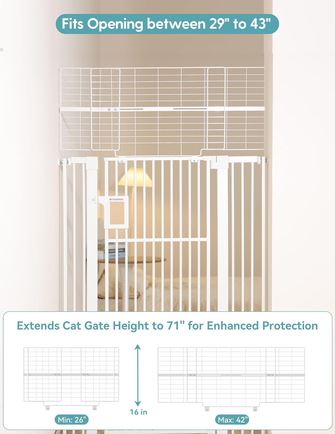 No Pawblems Upgraded 71" Extra Tall Pet Gate for Cat, 29-43" Auto Close Cat Gate for Doorways/Stairs/Hallways, NO Drilling Pressure Mounted, 1.37" Pet-Safe Gap (Black, 71" Tall, 29-43" Wide)