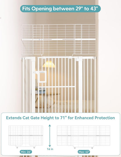 No Pawblems Upgraded 71" Extra Tall Pet Gate for Cat, 29-43" Auto Close Cat Gate for Doorways/Stairs/Hallways, NO Drilling Pressure Mounted, 1.37" Pet-Safe Gap (Black, 71" Tall, 29-43" Wide)