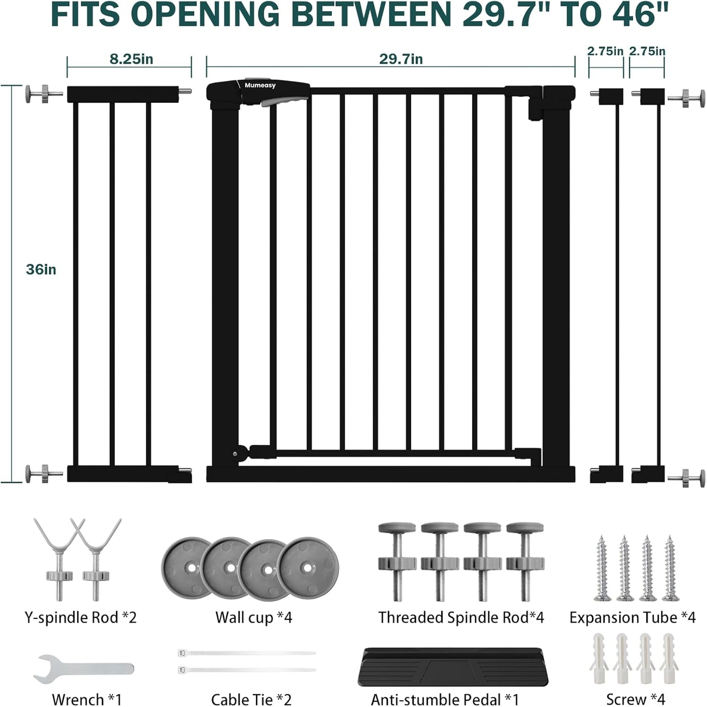 Mumeasy 29.7-46" Baby Gate for Stairs, Pressure Mounted Dog Gate for Doorways, Auto Close Walk Through Pet Gate Indoor, Extra Wide Metal Child Safety Gate, Mom's Choice Awards Winner, Black