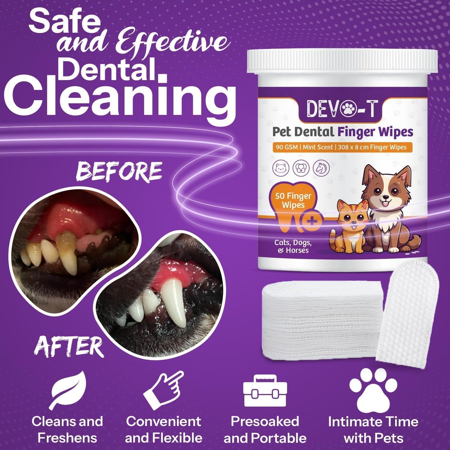 DEVO-T 100% Natural Dog Teeth Cleaning Wipes Unscented | 50 Count | Pet Teeth Cleaning Finger Wipes for Dogs, Cats & Horses | Remove Bad Breath, Plaque & Tartar Buildup | Dog Dental Wipes Finger