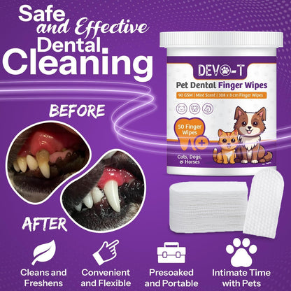 DEVO-T 100% Natural Dog Teeth Cleaning Wipes Unscented | 50 Count | Pet Teeth Cleaning Finger Wipes for Dogs, Cats & Horses | Remove Bad Breath, Plaque & Tartar Buildup | Dog Dental Wipes Finger