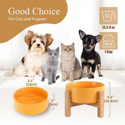 Elevated Ceramic Cat Bowl - Cat Food Bowl with Bamboo Stand - Raised Dog Dish for Puppies - Anti Vomiting, Stress Free - 13.5 oz / 400 ml - White