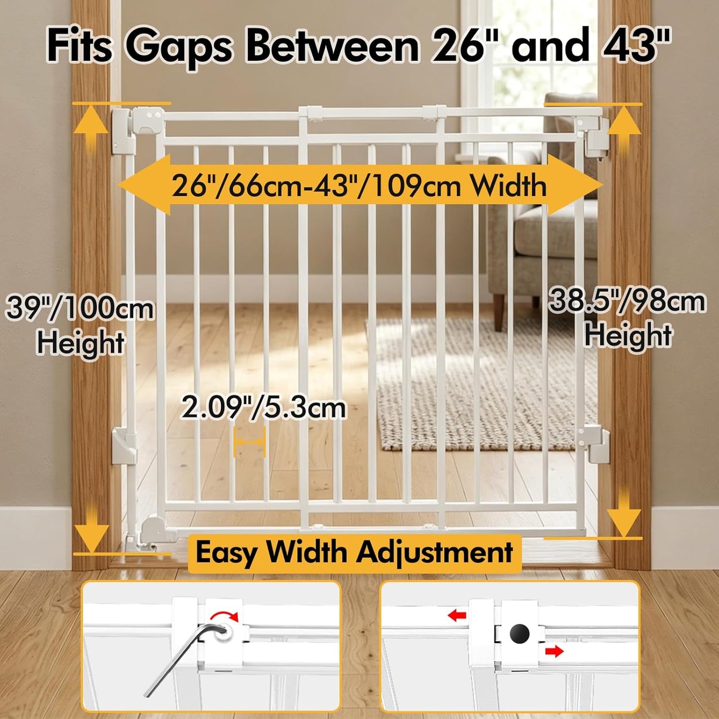 Baby Gate for Stairs & Doorways - Fits Openings 26 to 43 Inches Wide (Must Drill to Install) | 29" Extra Tall with No Bottom Bar | One-Handed Auto-Close Walk-Thru Gate for Kids & Pets, Black