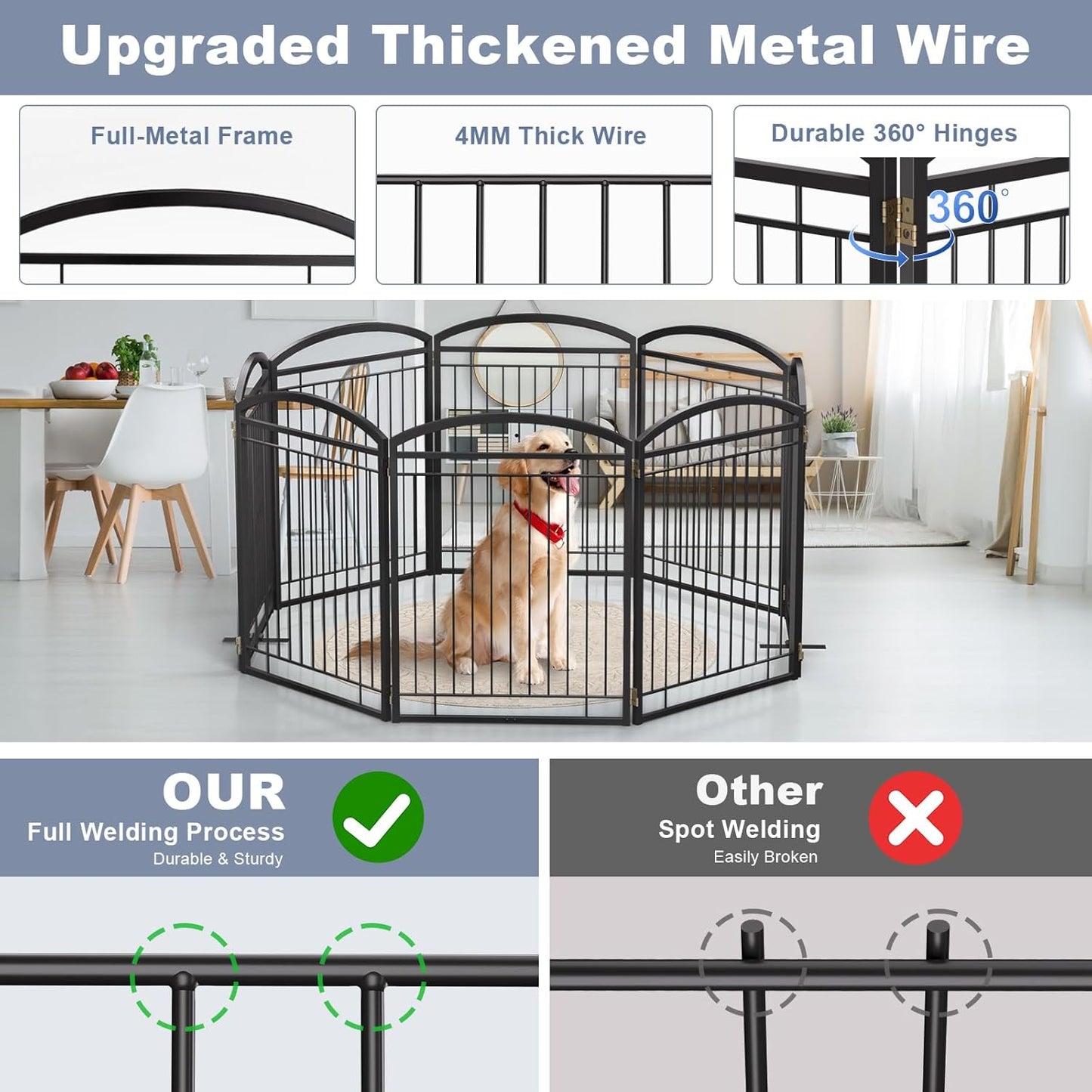 Full Metal Free Standing Dog Gate with Door for Indoor & Outdoor,96'' Extra Wide 32'' Tall Dog Gate for The Doorways,Large Openings,Decks,Porch,Pet Freestanding Safety Fence(4 Panels,Black)