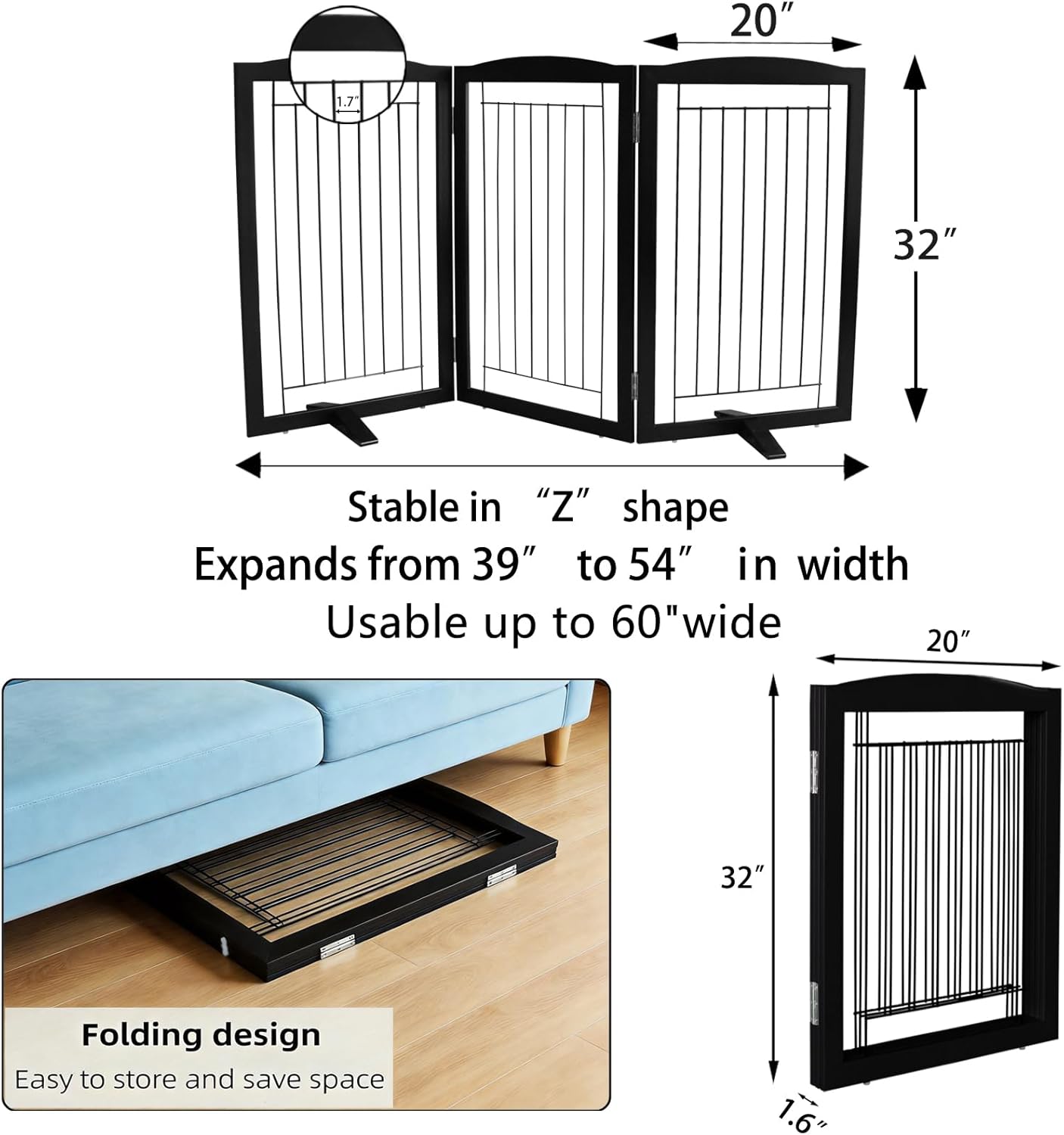ZJSF Freestanding Dog Fence Indoor, Foldable Dog Gate for Doorways, Stairs or Hallways, Sturdy Wood Extra Wide Pet Gate with Support Feet for The House, White, 24 "Height-3 Panels